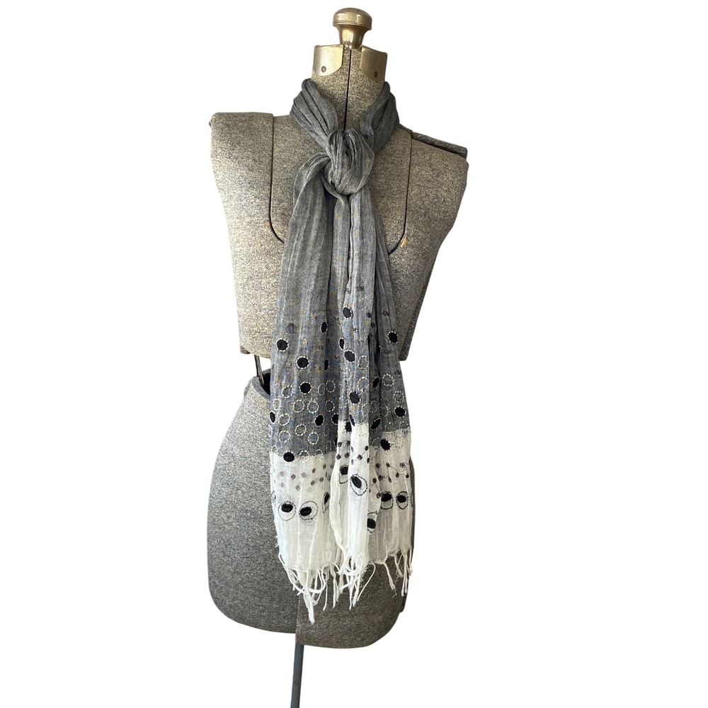 Grey White Eyelet Embroidered Fringe Oblong Scarf Lightweight Boho Wrap - Picture 7 of 11